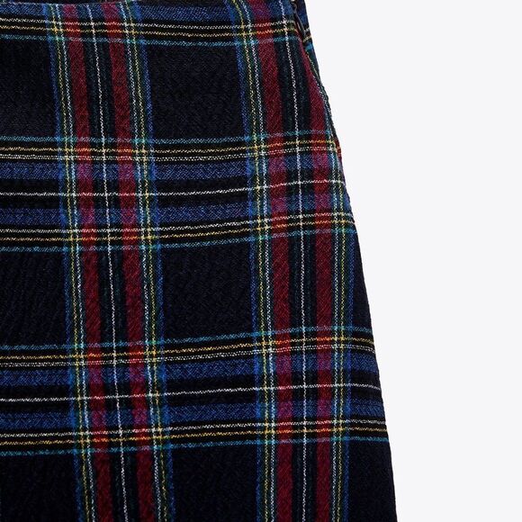 Zara Navy blue red high-rise plaid check midi skirt asymmetrical bubble hem Sz M - Picture 4 of 12